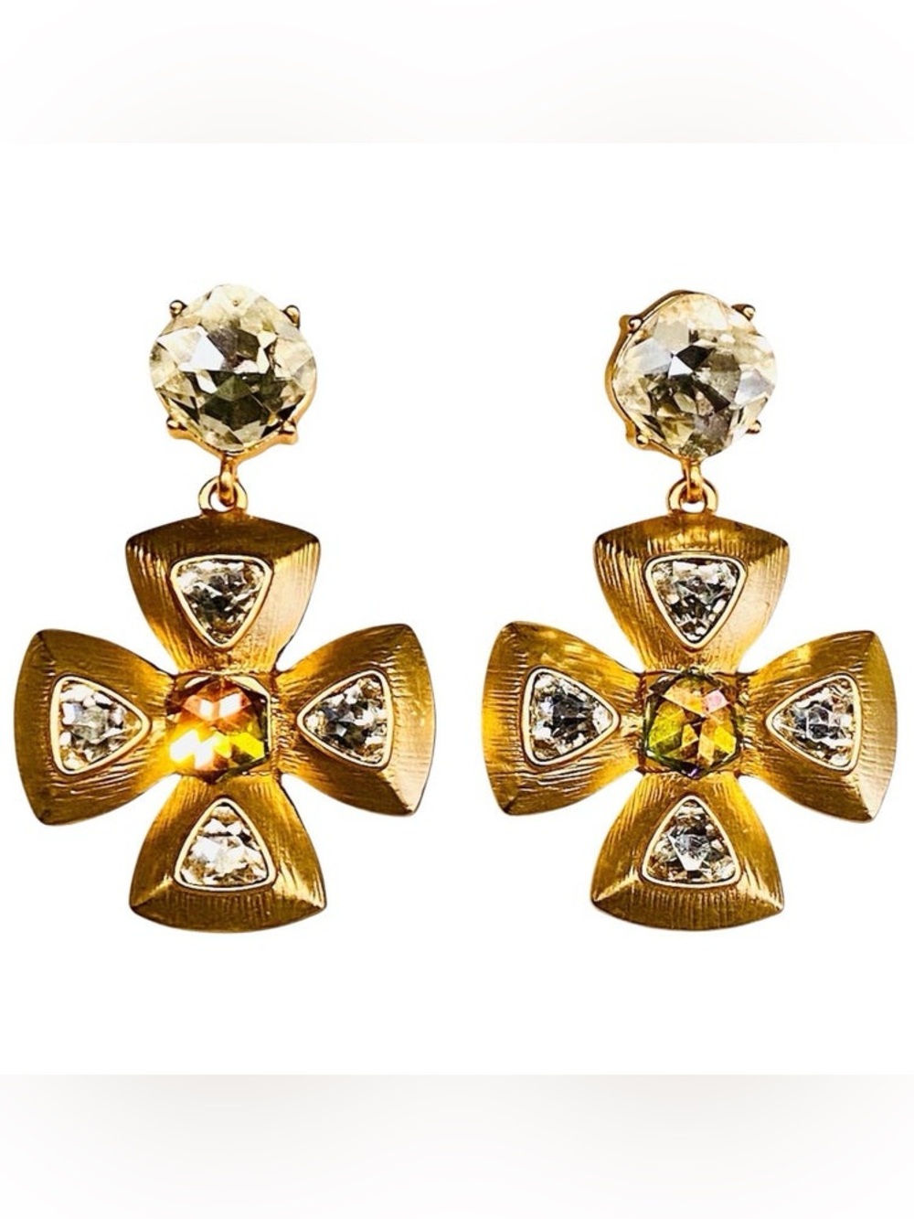 YSL Gold-Tone Crystal Cross Drop Earrings - Clear/Iridescent